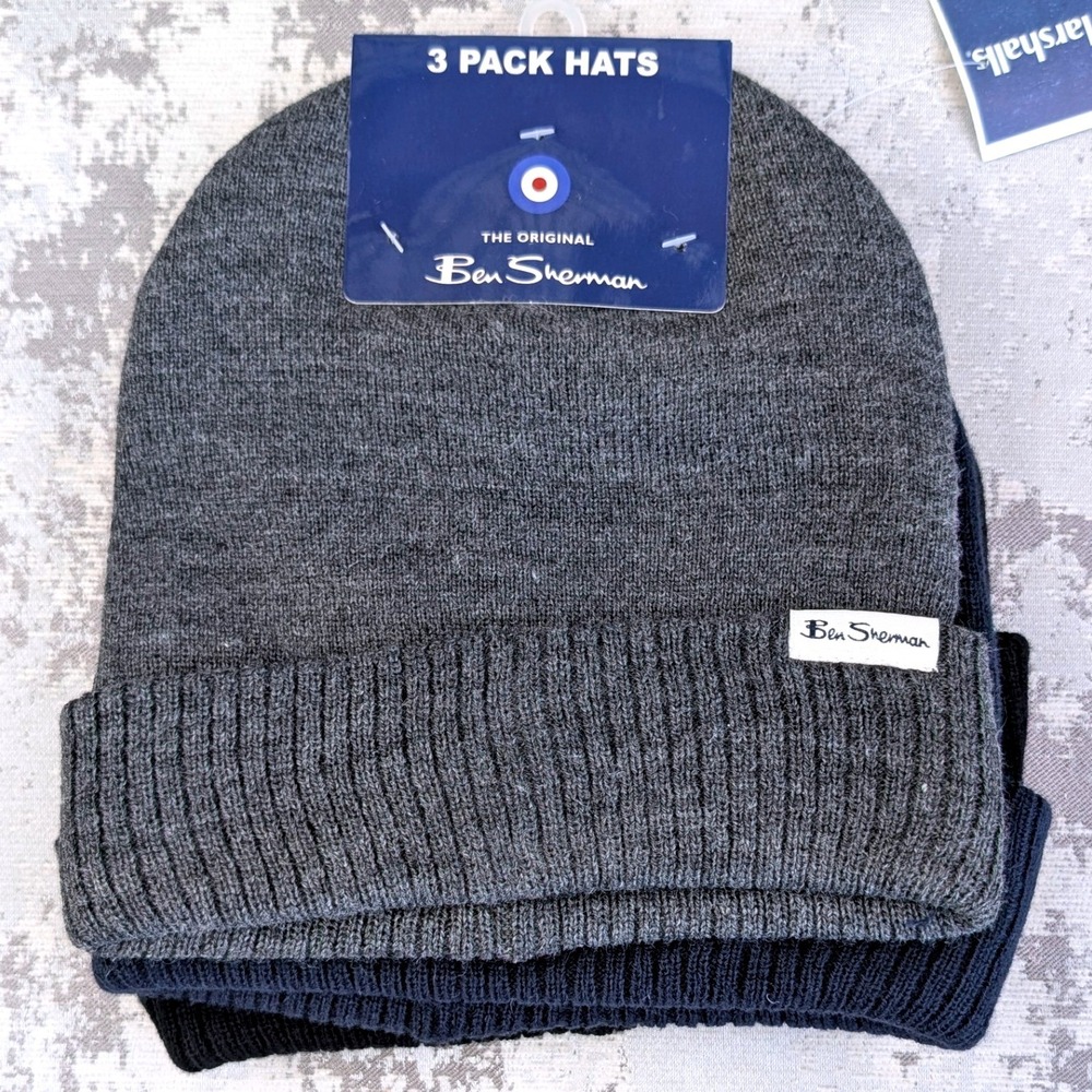 Ben Sherman Mens 3 Pack Knit‎ Cuffed Beanie Hats Black Navy Grey New